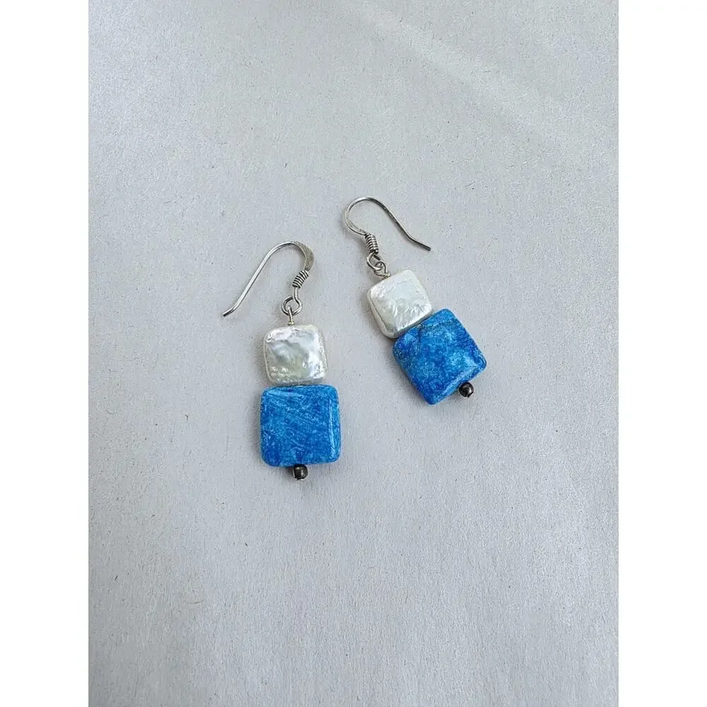 New Sterling Silver Dangle Earrings White Pearl Silver Blue Stone Stamped 925‎